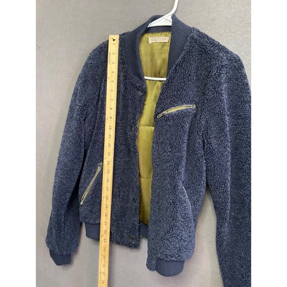 Volcom VTG Teddy Bomber Jacket S Navy Blue Lined Warm Zip Pockets Sherpa Fleece - Picture 5 of 7